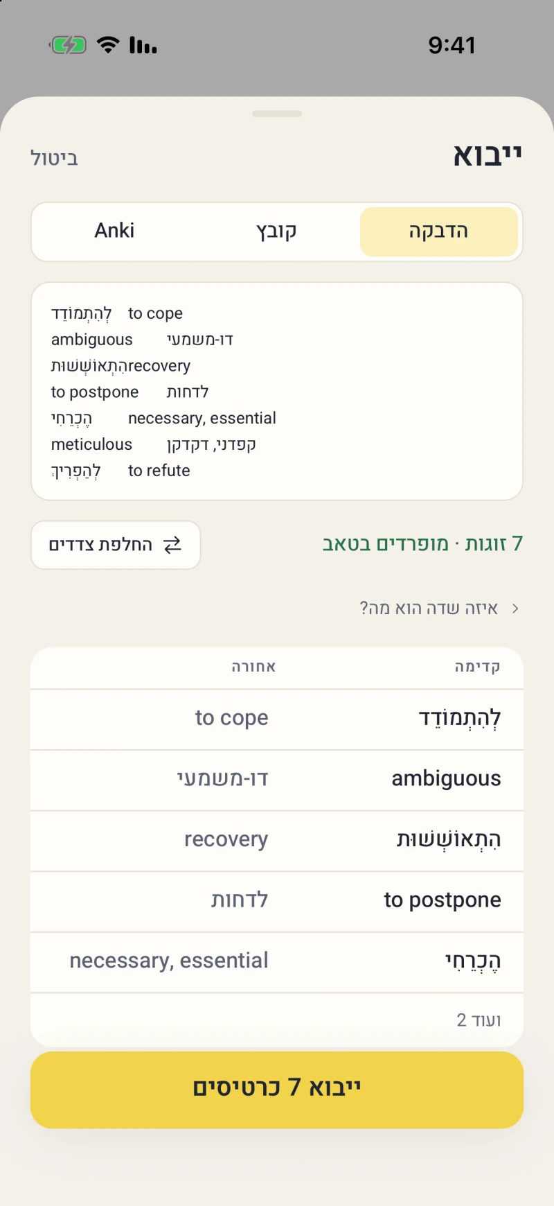 The import sheet in Hebrew, showing detected pairs in a right-to-left front/back table.
